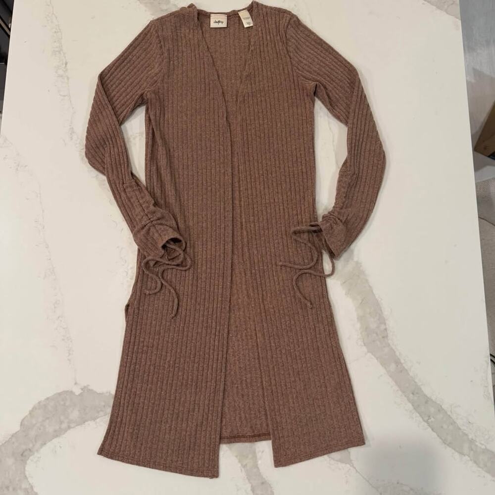 Daytrip Ribbed Flyaway Long Duster Cardigan Sweater Brown Women XS Ruched Sleeve